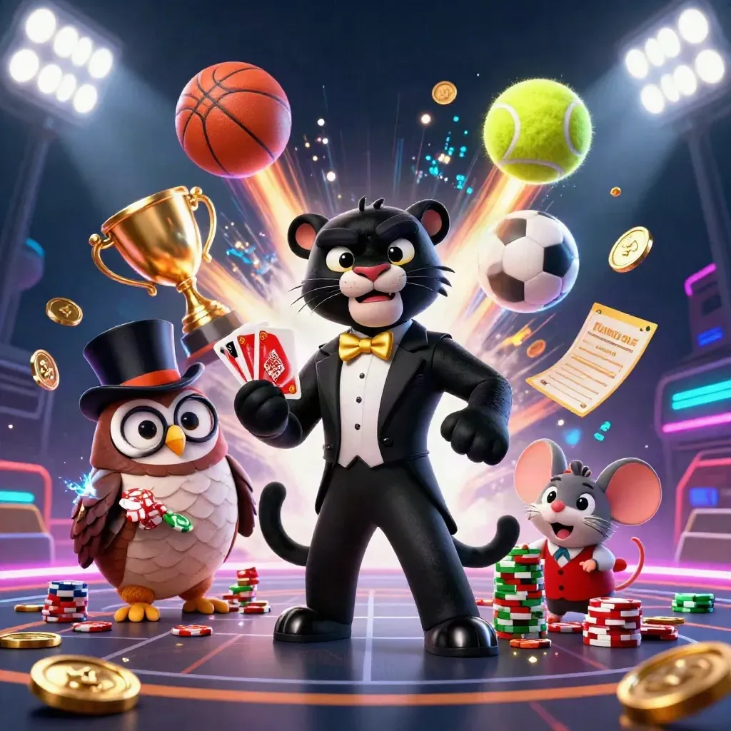 Panther, owl, and mouse amid flying sports balls, gold chips, and neon casino lighting.