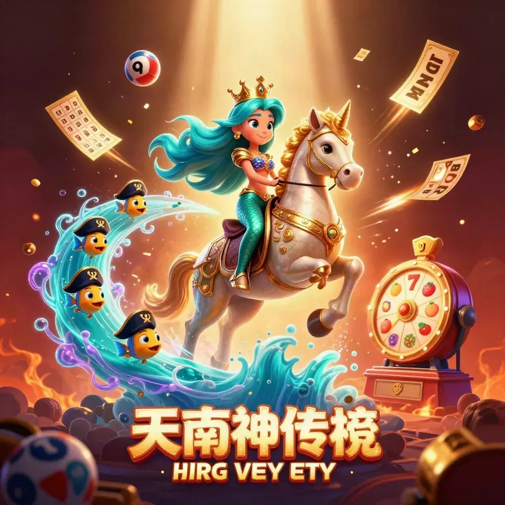 Mermaid princess on a golden seahorse amid casino lights, treasure, bubbles, and glowing game icons