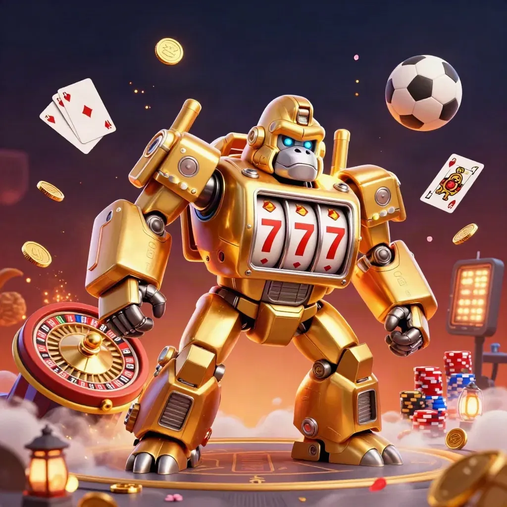 Golden gorilla mech, coins, chips, sports balls, and casino effects on a dark neon background.