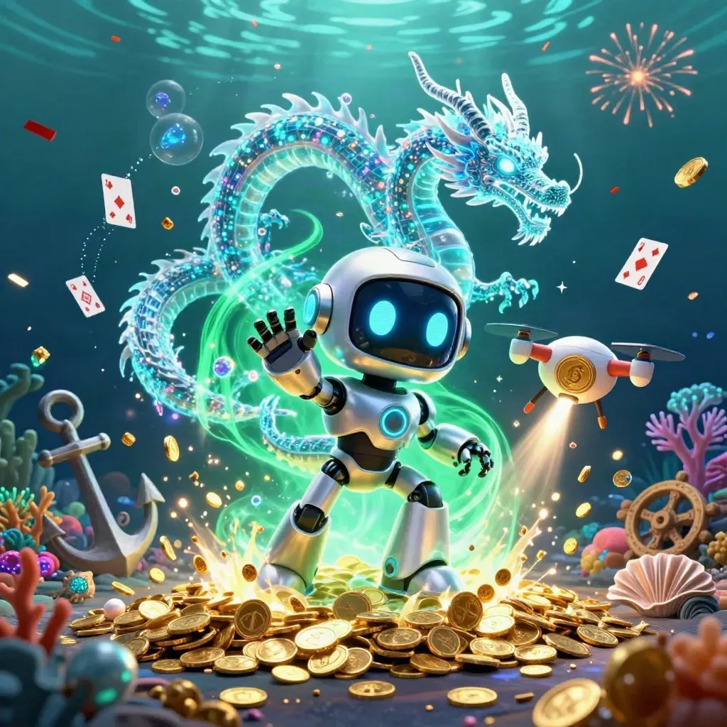 Cyberpunk robot, holographic dragon, and coin drone in a glowing underwater treasure cove.