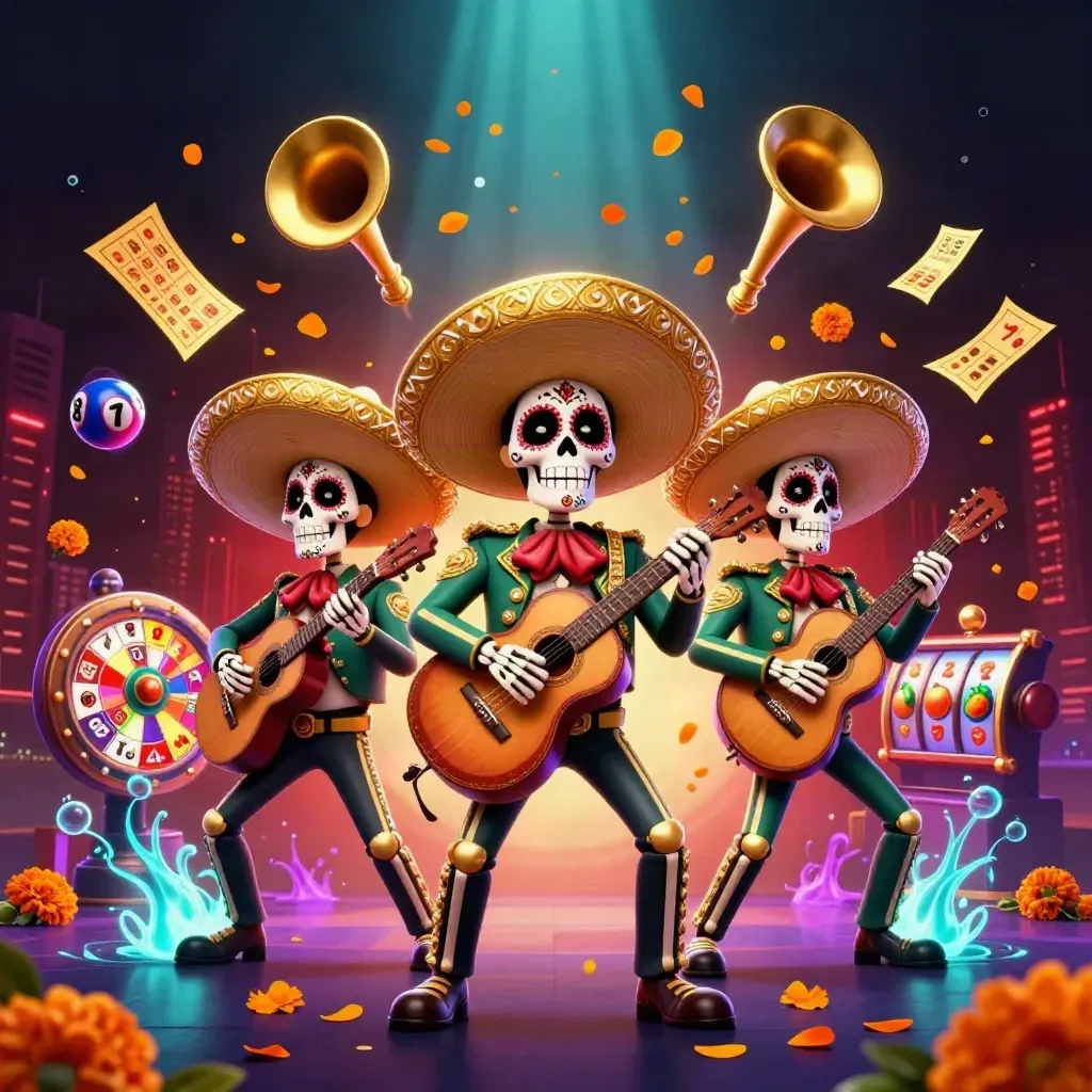 Three Day-of-the-Dead skeleton mariachi musicians amid glowing casino luck effects.