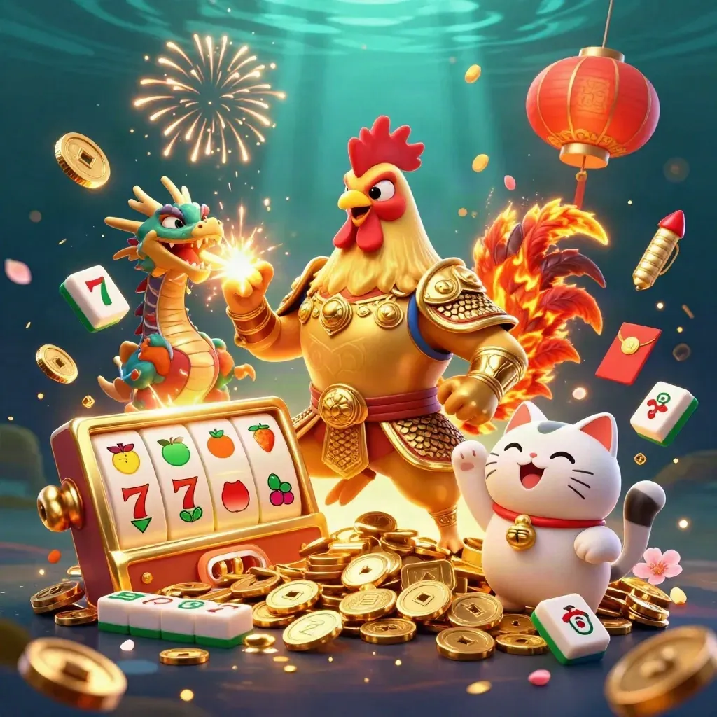 Rooster warrior, dragon hatchling, and fortune-cat amid bursting gold coins, fireworks, and casino symbols.