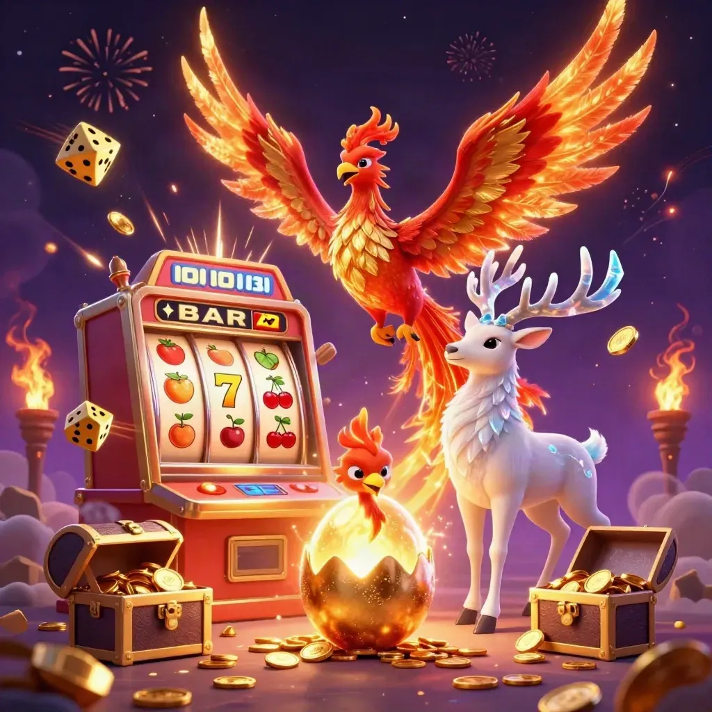 Phoenix, hatching chick, and crystal stag amid bursting slots, coins, and fireworks.