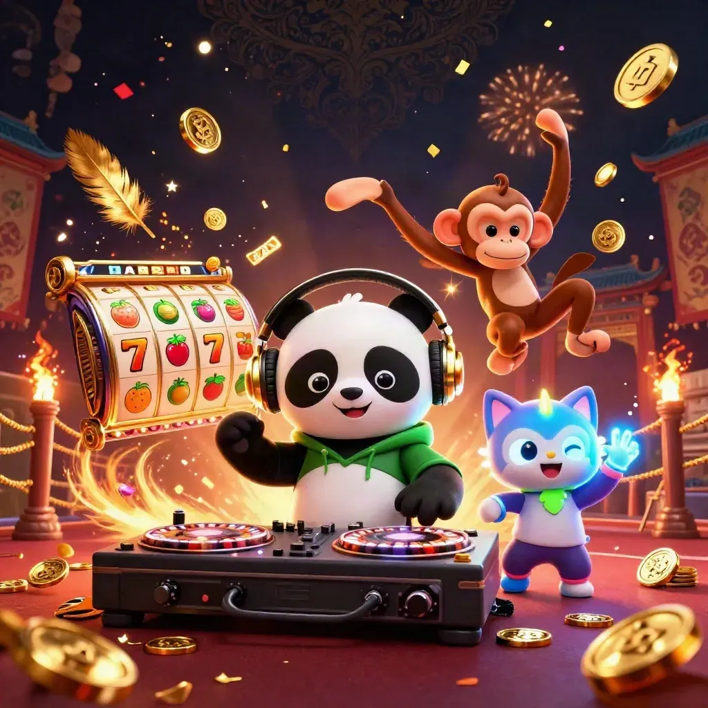 DJ panda, dancing monkey, and glow-stick kitten amid coins, fireworks, and casino magic.
